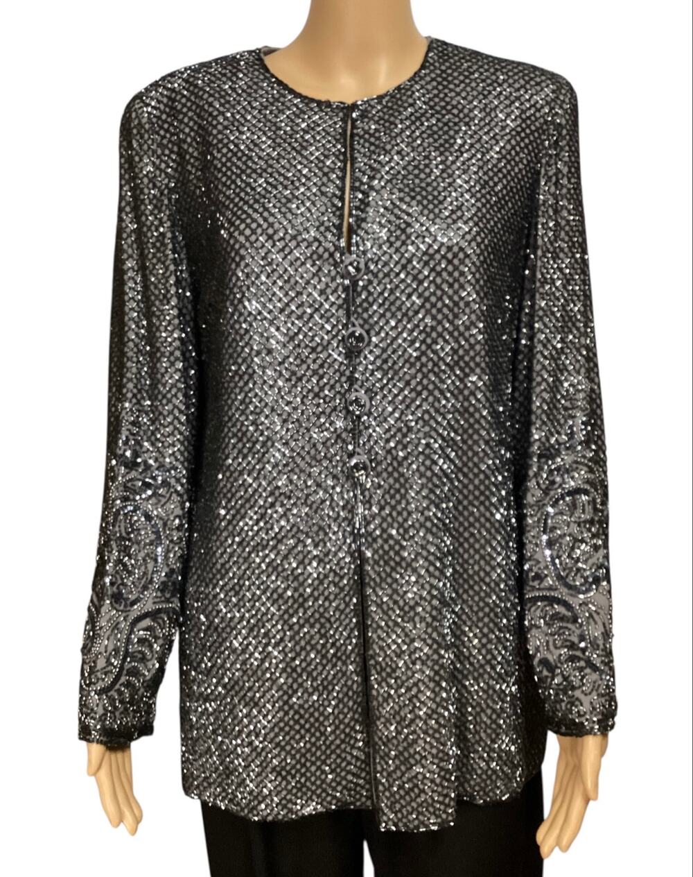 Vintage Rickie Freeman for T.J. Nites Gray Beaded Silk Evening Jacket Sz 6